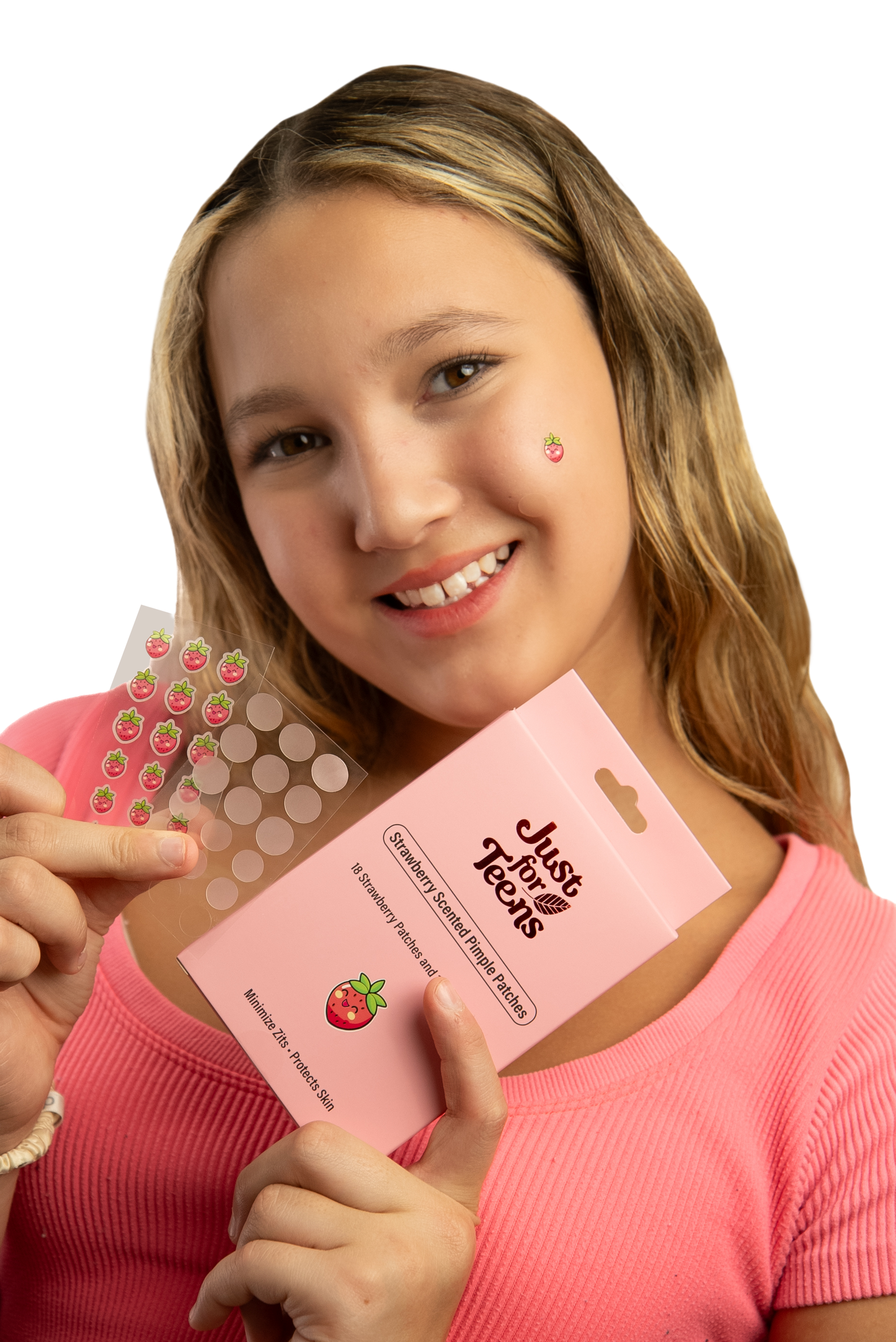Girl holding a pink pack of pimple patch with a strawberry design